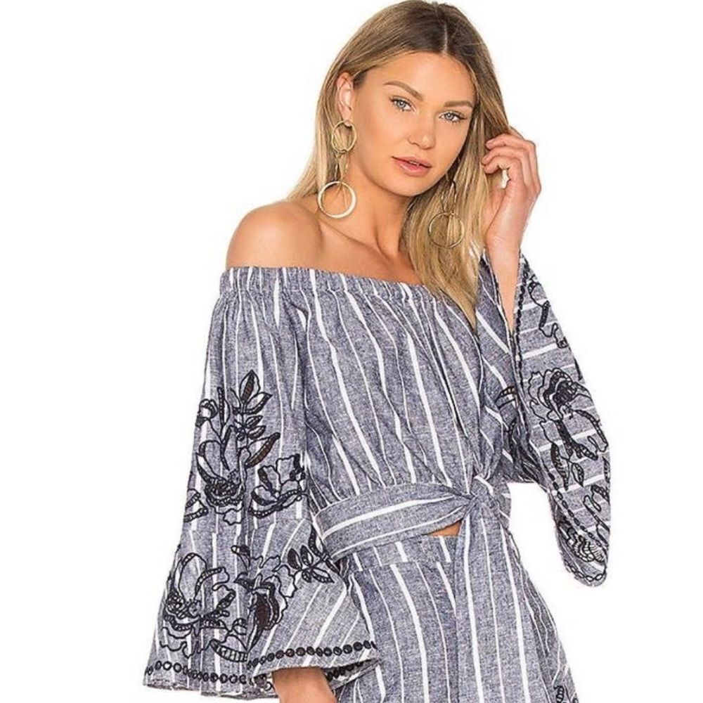 Parker Georgina Blue White Stripe Off-Shoulder Peasant Top S Revolve Cropped - Picture 3 of 11